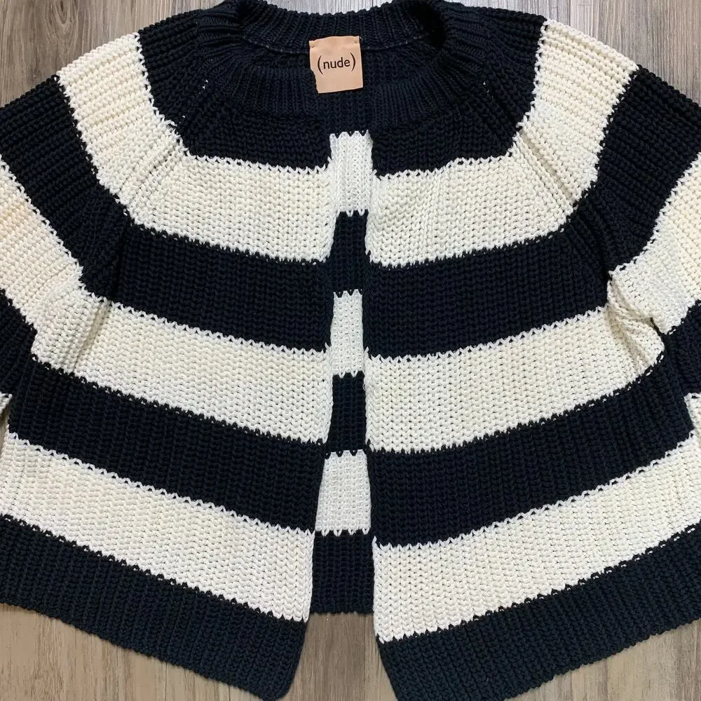 (Nude) Striped Long Glitter Sequin Sleeve Open Front Cardigan Sweater-38